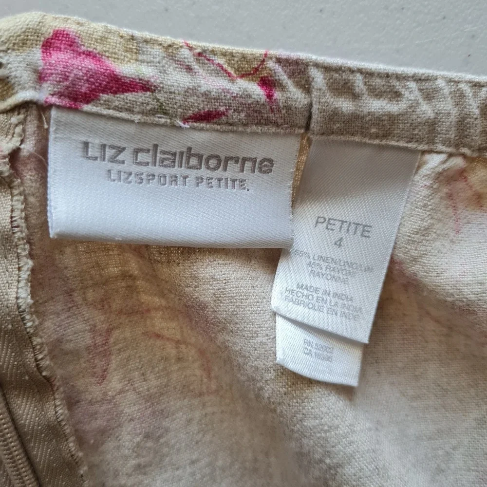 Liz Claiborne Skirt Womens 4 Petite Beige Pink Yellow Floral Linen Blend Midi